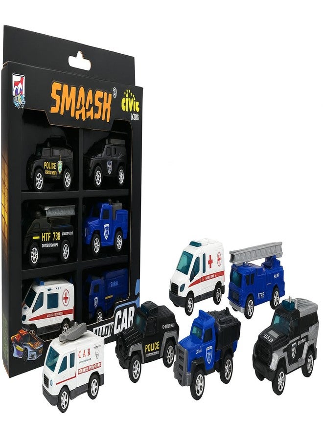 FUN4YOU Die-Cast Emergency Vehicle Set, 6 Metal Toy Cars, Police, Ambulance & Fire Trucks with Pull Back Action, Ages 3+ - Image 1